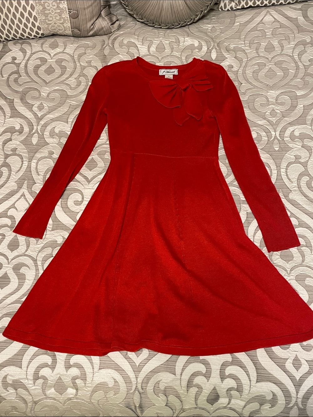 Jessica Howard Red Long-Sleeve Bow Fit-and-Flare Dress Size Small